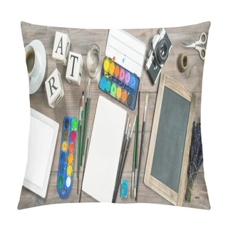 Personality  Artistic Workplace Mockup. Watercolor, Brushes, Digital Tablet,  Pillow Covers