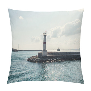 Personality  Lighthouse On Pier With Sea And Sky At Background In Istanbul, Turkey  Pillow Covers