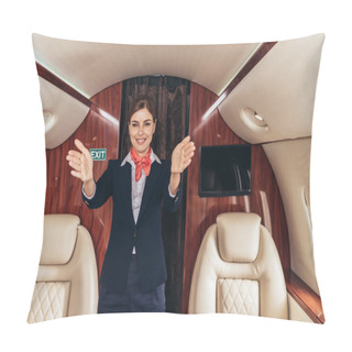Personality  Smiling Flight Attendant In Uniform With Outstretched Hands In Private Plane  Pillow Covers