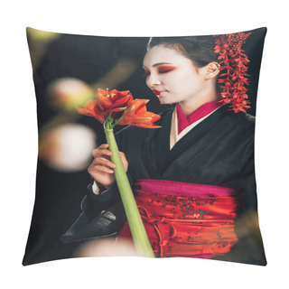 Personality  Selective Focus Of Geisha In Black Kimono With Red Flowers And Sakura Branches Isolated On Black Pillow Covers
