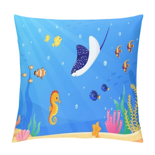 Personality  Vector Underwater World, Sea Life, Sea Ocean Animals. Seabed With Marine Habitat And Algae - Cartoon Underwater Landscape With Fish, Livestock, Seaweed And Coral On The Ocean Or Aquarium Floor.  Pillow Covers