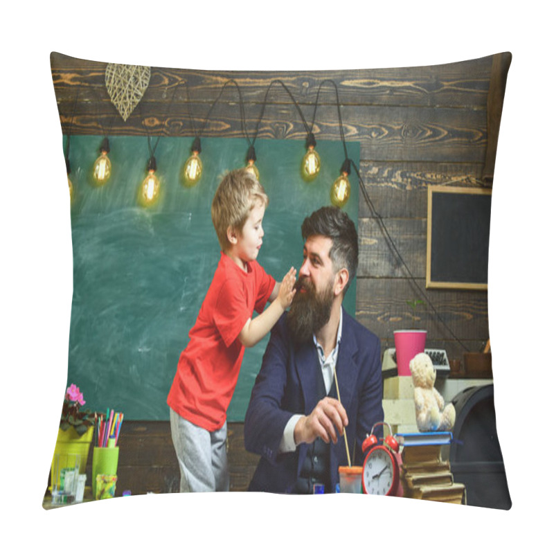 Personality  Child cheerful and teacher painting, drawing. Teacher with beard, father teaches little son to draw in classroom, chalkboard on background. Talented artist spend time with son. Art lesson concept pillow covers