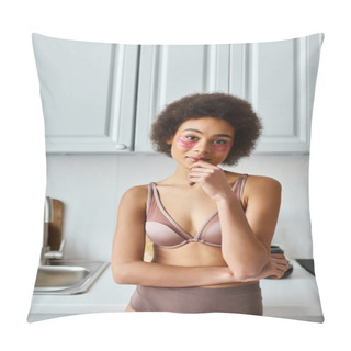 Personality  Alluring African American Woman In Bra With Pink Patches Under Eyes Standing In Modern Kitchen Pillow Covers