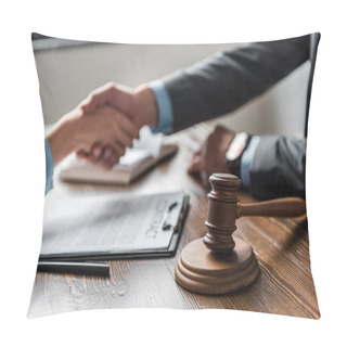 Personality  Close-up View Of Wooden Hammer And Lawyer With Client Shaking Hands Behind Pillow Covers