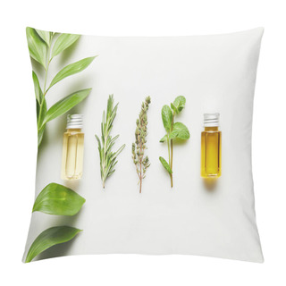 Personality  Top View Of Bottles With Essential Oil And Green Herbs On White Background Pillow Covers