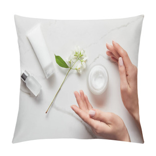 Personality  Top View Of Woman Hands Near Cosmetic Glass Bottle, Jar With Cream, Moisturizer Tube And Jasmine On White Surface Pillow Covers