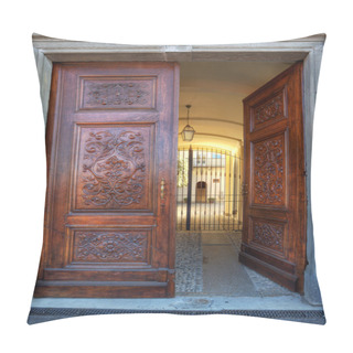 Personality  Ornate Wooden Door. La Morra, Italy. Pillow Covers
