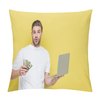 Personality  Astonished Man With Laptop And Dollar Banknotes Looking At Camera On Yellow Pillow Covers