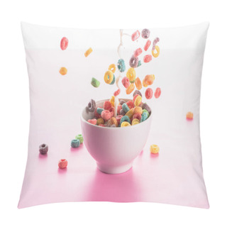 Personality  Bright Multicolored Breakfast Cereal In Bowl With Milk Splash On Pink Background Pillow Covers