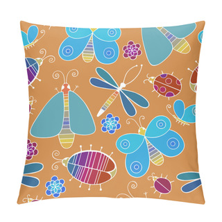 Personality  Cute Cartoon Insect Set. Dragonflies, Butterflies And Bugs. Vector Seamless Pattern. Pillow Covers