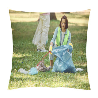 Personality  Multicultural Hard Working Couple Passionately Cleaning Up A Park While Wearing Safety Gloves. Pillow Covers