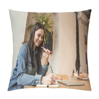 Personality  Happy Woman Recording Voice Message While Writing In Notebook  Pillow Covers