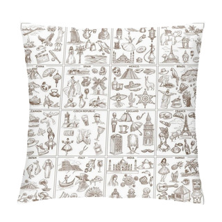 Personality  Landmarks Traveling And Tourism Sketches Vector USA And UAE Turkey And Thailand China And Spain Mexico And Brazil Canada And Czech Republic England And France Japan And Italy India And Hawaii Pillow Covers