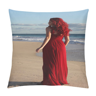 Personality  Full Length Portrait Of  Redhead Woman Wearing Elegant Red Gown. Standing  Pose With Gestural Hands At Sunset Ocean Beach Landscape Background. Pillow Covers