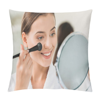 Personality  Close-up View Of Beautiful Brunette Girl Applying Makeup And Looking At Mirror  Pillow Covers