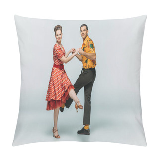 Personality  Stylish Dancers Looking At Camera While Dancing Boogie-woogie On Grey Background Pillow Covers