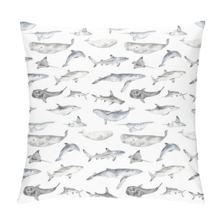 Personality  Watercolor Seamless Pattern With Underwater Fish Whale, Shark, Dolphin, Stingray, Marlin, Sperm Whale On A White Background Pillow Covers