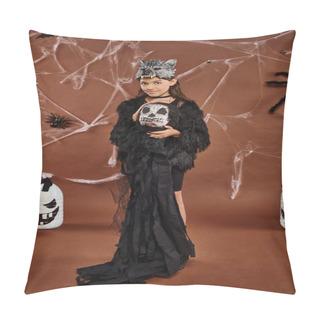 Personality  Cute Preteen Girl Holds Halloween Toy On Brown Backdrop With Cobweb And Spiders, Halloween Concept Pillow Covers