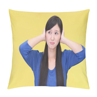 Personality  Woman Covering Her Ears Isolated On Yellow Background Pillow Covers