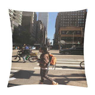 Personality  NEW YORK, USA - OCTOBER 11, 2022: Woman Walking On Street In Manhattan District  Pillow Covers