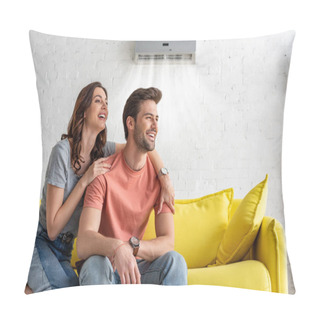 Personality  Cheerful Couple Sitting On Yellow Sofa Under Air Conditioner At Home Pillow Covers