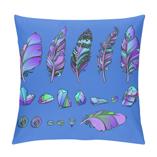 Personality  Abstract Multicolored Feathers, Crystals Gems And Beads. Vector Illustration. Pillow Covers