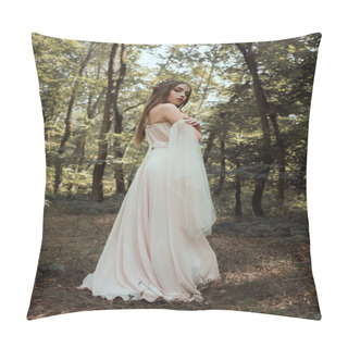 Personality  Attractive Mystic Elf Posing In Elegant Dress In Forest Pillow Covers