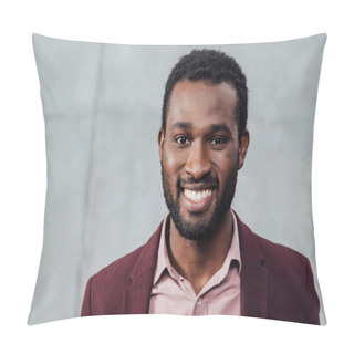 Personality  Portrait Of Smiling African American Casual Businessman On Grey Background Pillow Covers