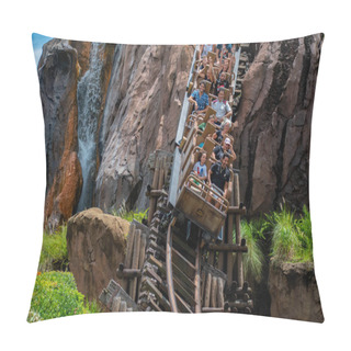 Personality  Orlando, Florida. August 14, 2019. People Having Fun Expedition Everest Rollercoaster In Animal Kingdom At Walt Disney World (35). Pillow Covers