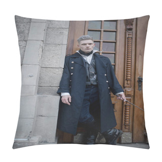 Personality  Young Man In Image Of Black Magician Walks On City Street With Magic Wand In His Hand. Pillow Covers