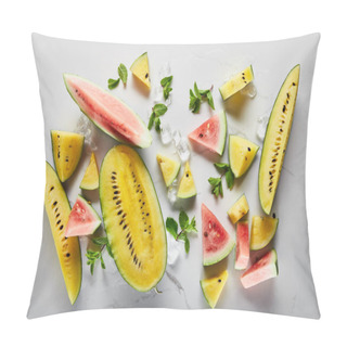 Personality  Top View Of Cut Delicious Exotic Yellow And Red Watermelons With Ice And Mint On Marble Surface Pillow Covers