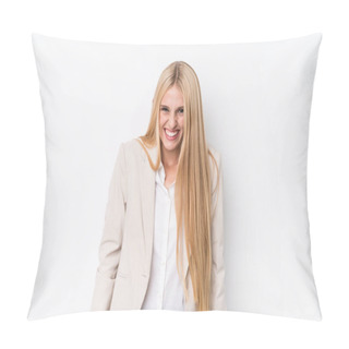 Personality  Young Business Blonde Woman On White Background Laughs And Closes Eyes, Feels Relaxed And Happy. Pillow Covers