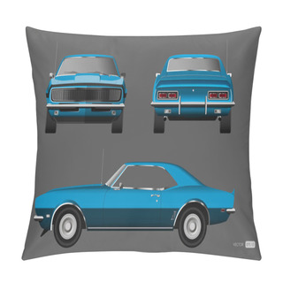 Personality  Retro Car Of 1960s. Blue American Vintage Automobile In Realistic Style. Front, Side And Back View. 3d Classic Auto Pillow Covers