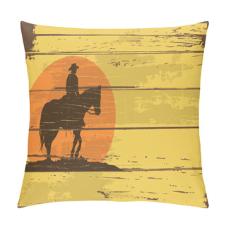Personality  Silhouette Of Cowboy Riding A Horse At Sunset On A Wooden Board Pillow Covers
