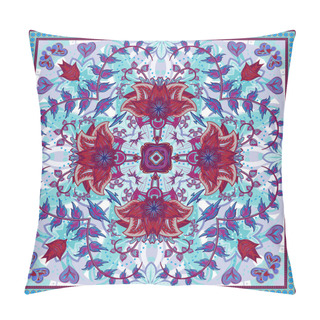 Personality  Abstract Graphic Background, Square Pattern With Mandala Geometric Ornament. Bandanna Shawl Fabric Print, Silk Neck Scarf Or Kerchief Design, Vector Illustration. Pillow Covers