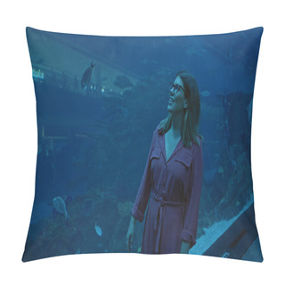 Personality  Smiling Woman Enjoys Underwater Scenery At Dubai Aquarium, Reflecting Travel And Leisure. Pillow Covers