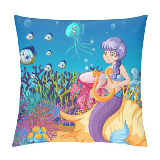 Personality  Set Of Sea Animals And Mermaid Cartoon On Sea Background Illustration Pillow Covers