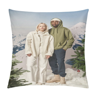 Personality  Beautiful Multicultural Couple Standing Side By Side With Mountain Background, Winter Fashion Pillow Covers