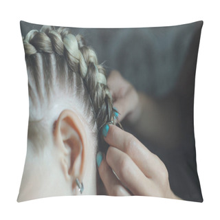 Personality  The Process Of Braiding Boxer Braids On The Girls Head, The Master Makes Her Hair In A Beauty Salon, Hands Close-up Pillow Covers