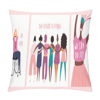 Personality  Set Of Women Day Card With Beautiful Diverse Girls And Quotes. Hand Drawn Vector Illustration. Concept Of Girl Power. Female Cartoon Characters Pillow Covers