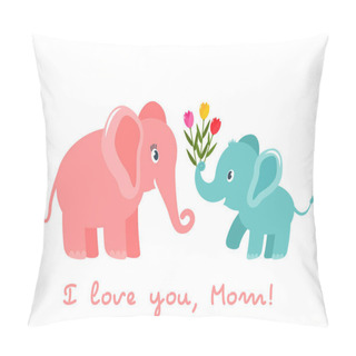 Personality  Cute Funny Baby Elephant Gives A Heart Bouquet Of Tulips Flowers. Greeting Card. Mothers Day Holiday Concept. Flat Vector Illustration Isolated Pillow Covers