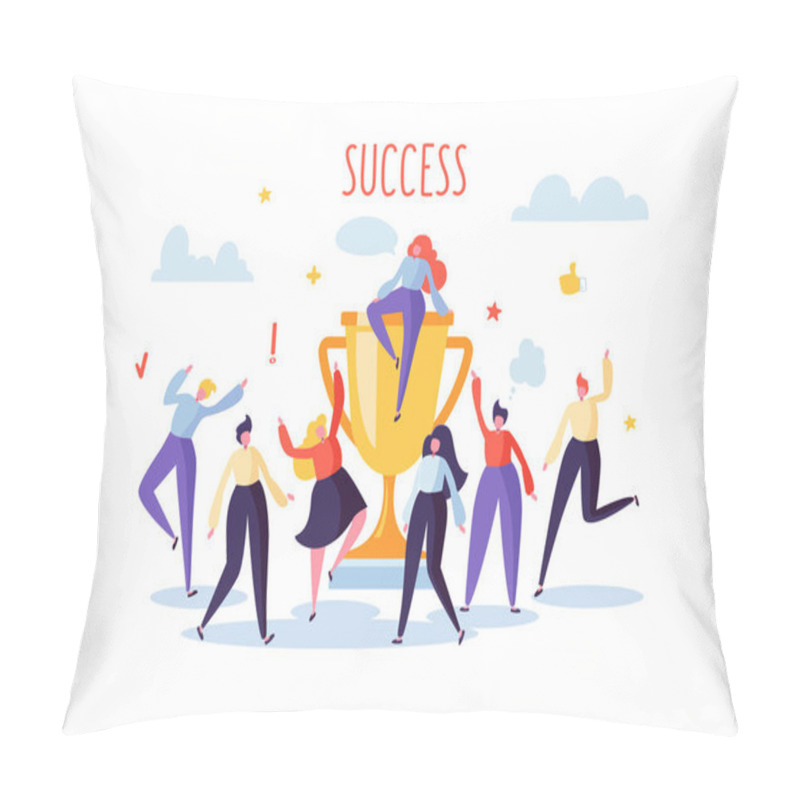 Personality  Business Team Success, Achievement Concept. Flat People Characters with Prize, Golden Cup. Office Workers Celebrating with Big Trophy. Vector illustration pillow covers