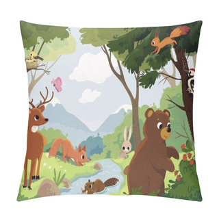 Personality  Cartoon Vector Animals That Live On The Valley With River, Forest And Mountains. Forest Fauna. Forest Inhabitants. Bear Looking For Raspberries. Woodpecker Hollows The Hollow. Northern National Park. Pillow Covers