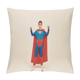 Personality  Happy Asian Boy In Red And Blue Superhero Costume With Cloak And Mask On Face Showing Strength Gesture While Celebrating Happy Children's Day On Grey Background  Pillow Covers