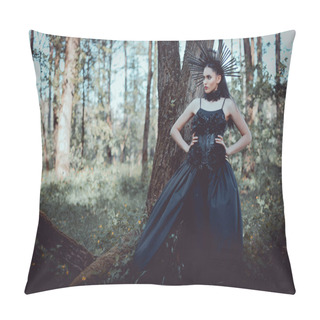 Personality  Elegant Woman In Witch Costume Standing On Forest Background With Hands On Hips, Looking Away Pillow Covers