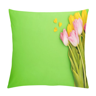 Personality  Top View Of Bouquet And Colorful Decorative Hearts On Green, Spring Concept Pillow Covers