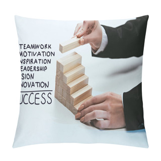 Personality  Cropped View Of Woman Building Wooden Career Ladder, Components Of Success On Foreground Pillow Covers