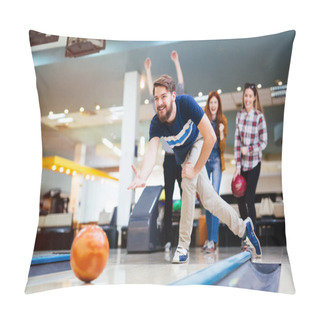 Personality  Friends Bowling At Club And Having Fun Playing Casually Pillow Covers