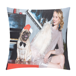 Personality  Woman With Pug In Santa Hat Pillow Covers