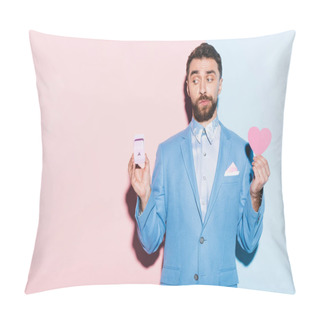 Personality  Scared Man Holding Heart-shaped Card And Engagement Ring On Blue And Pink Background  Pillow Covers